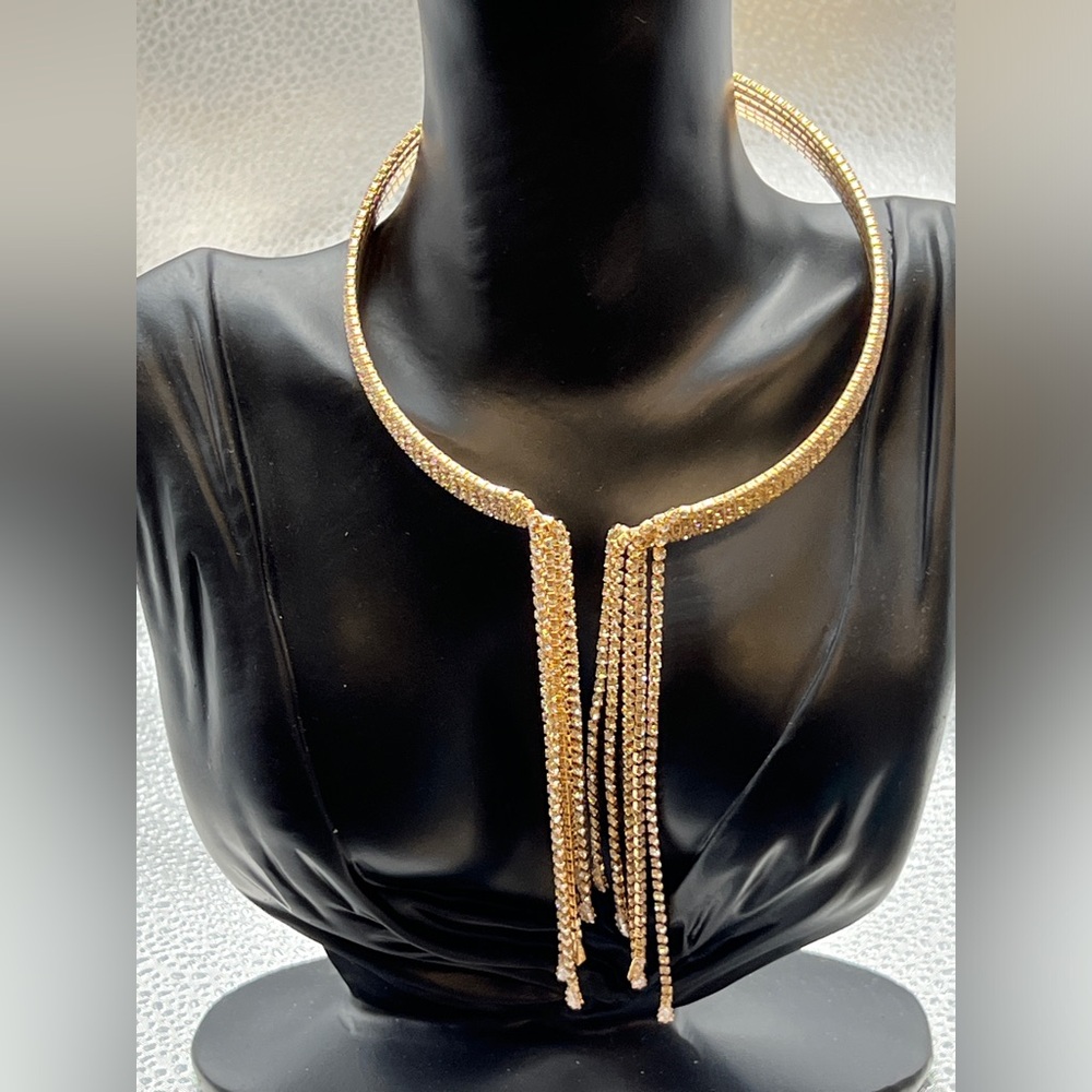 Gold Tone 5 Strand Rhinestone Dangle Choker Statement Necklace NEW (NWOT)